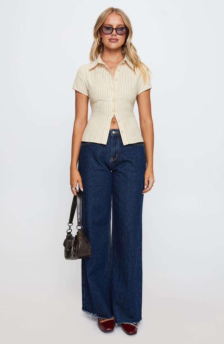 Princess Polly Lift Off Pinstripe Button-Up Shirt, Alternate, color, Cream / Navy Stripe