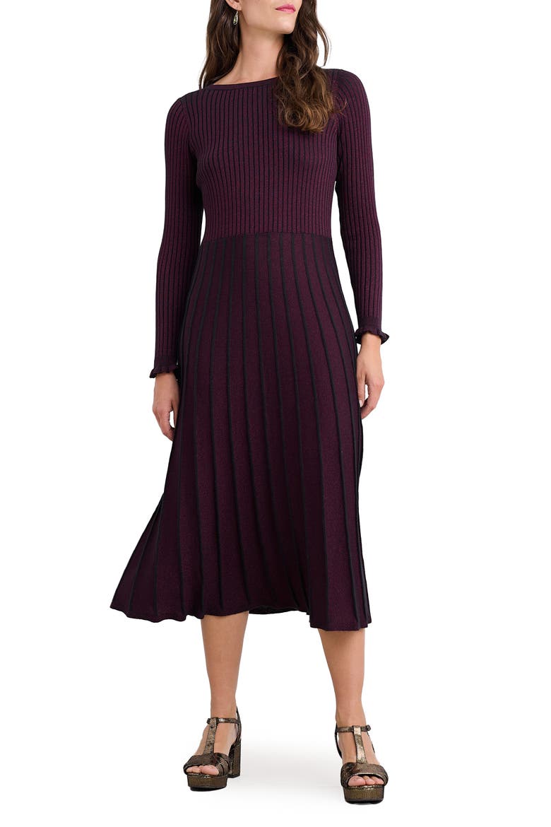 Glass Stem Metallic Long Sleeve Organic Cotton Blend Sweater Dress, Main, color, CLOVE