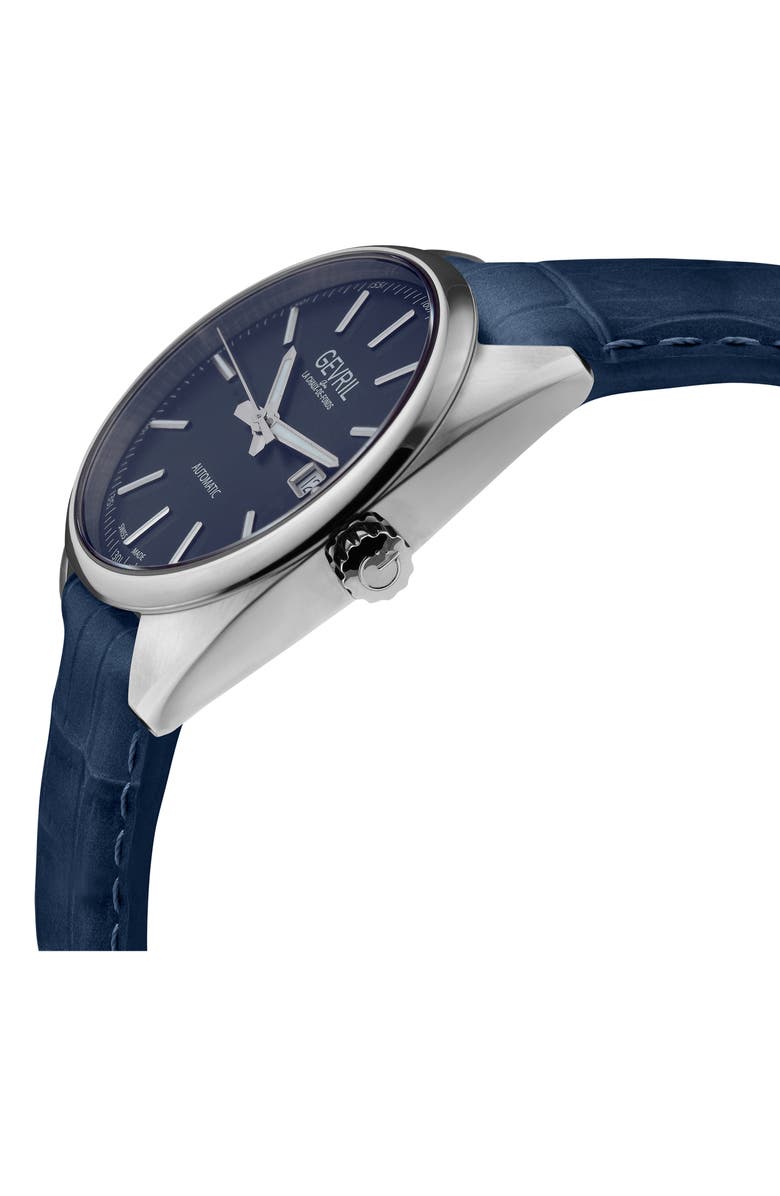 GEVRIL Five Points Croc Embossed Leather Strap Watch, 43mm, Alternate, color, Blue