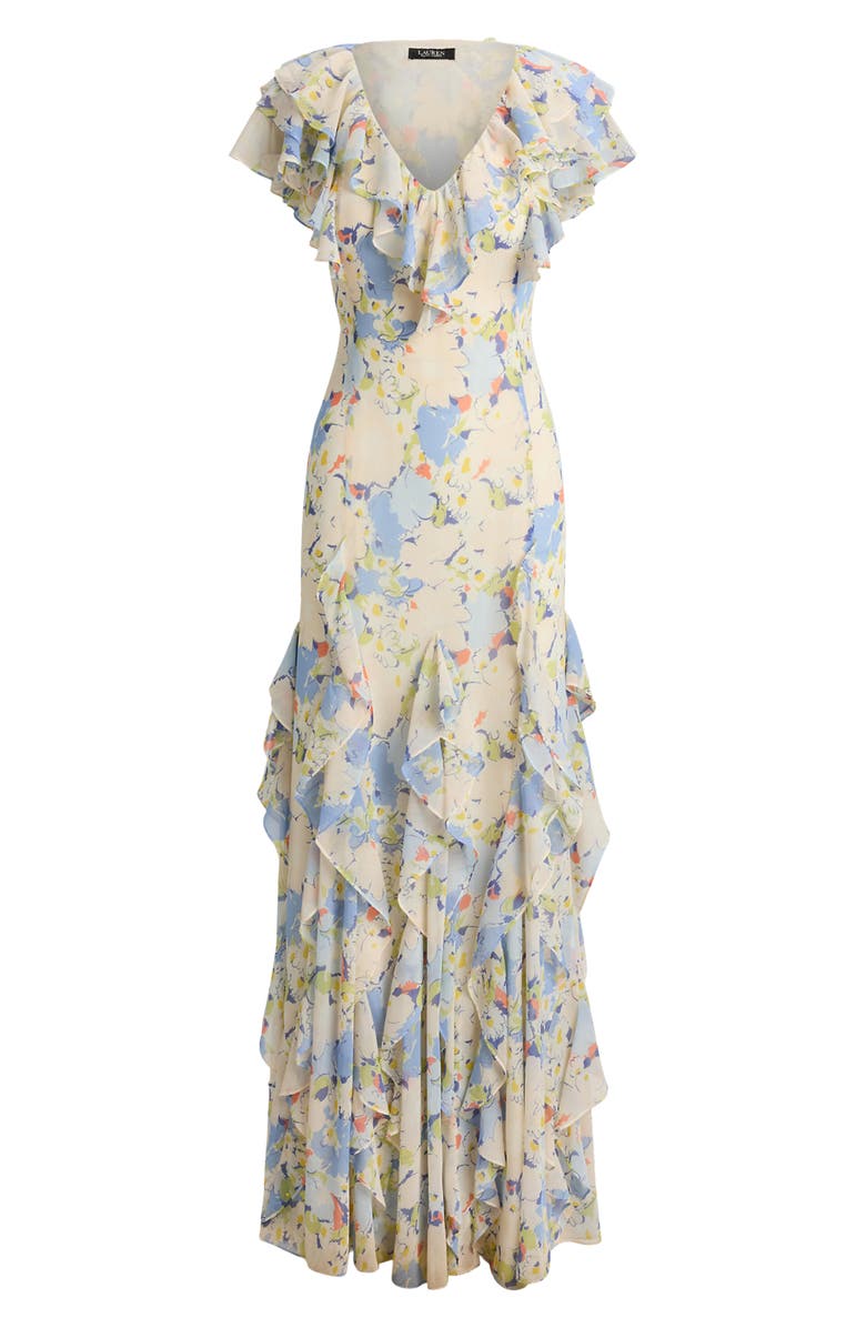 Lauren Ralph Lauren Floral Ruffle Gown, Alternate, color, Blue/ Multi