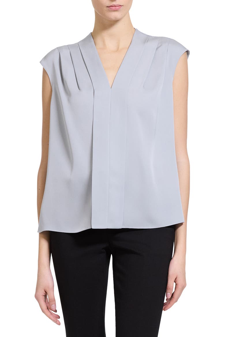 Pleated V-Neck Silk Shell, Alternate, color, LUNA