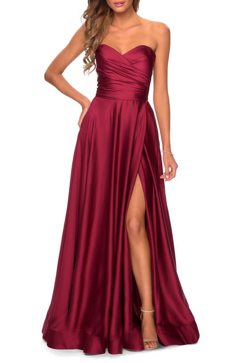 Strapless Satin Gown with Pleated Bodice and Slit