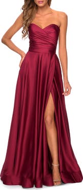 La Femme Strapless Satin Gown with Pleated Bodice and Slit