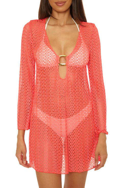 Metallic Long Sleeve Sheer Cover-Up Dress