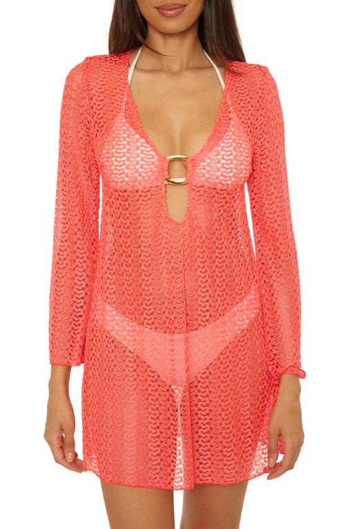 Bca By Rebecca Virtue Metallic Long Sleeve Sheer Cover-up Dress In Red