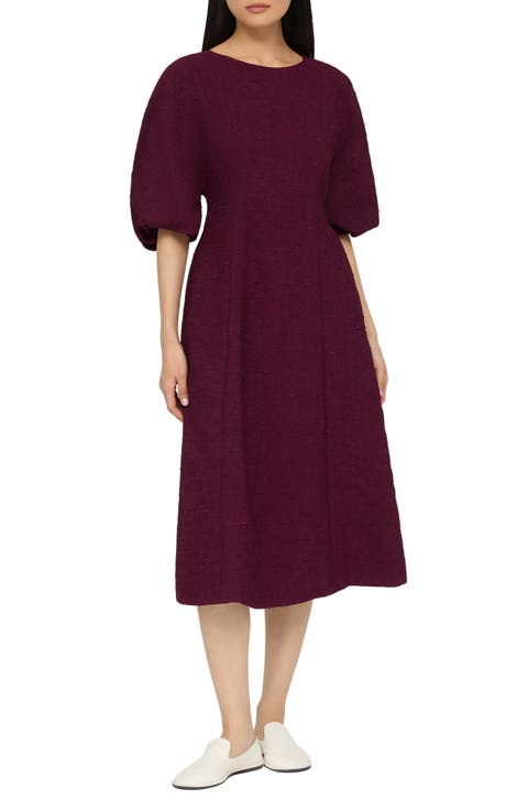 Balloon Sleeve Matelassé Jacquard Midi Dress