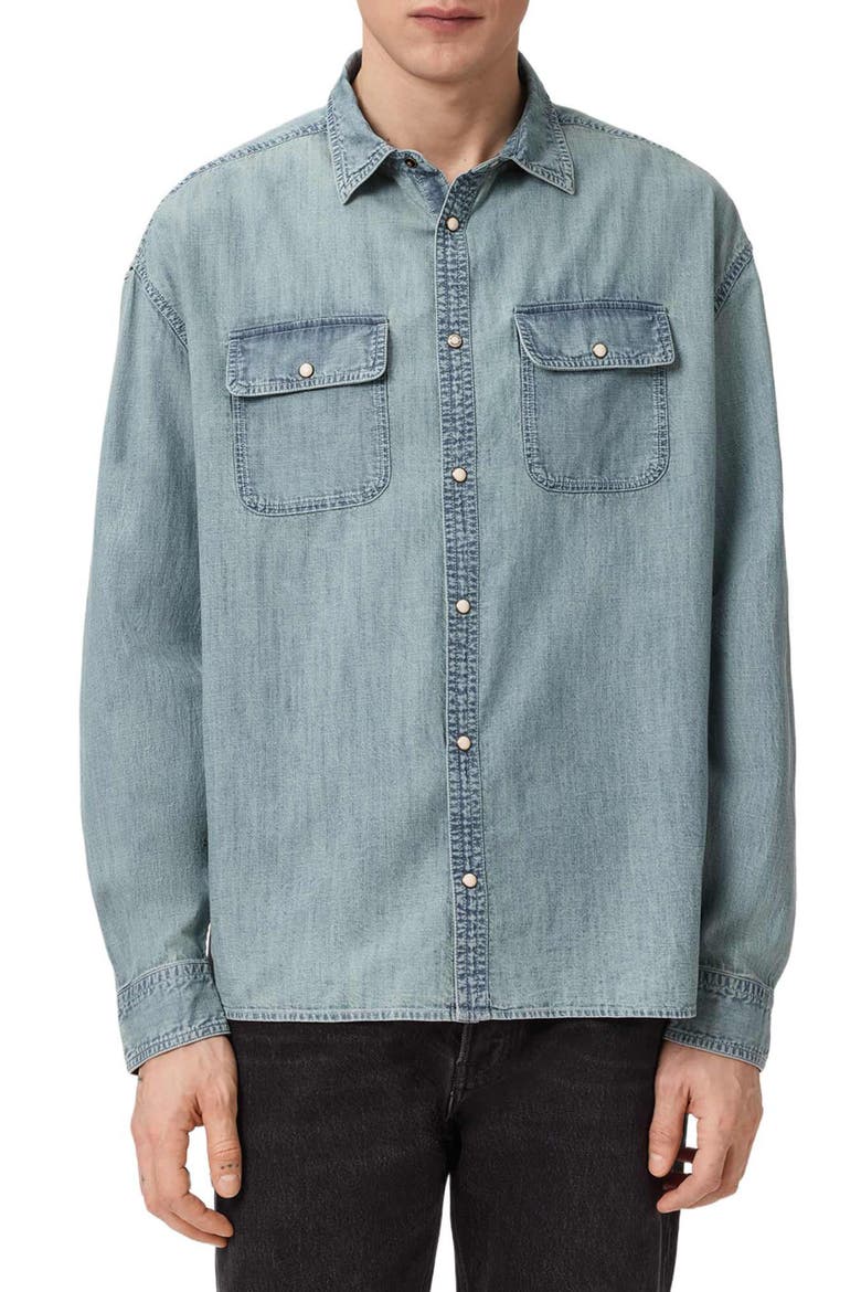 Gribbs Cotton Denim Snap-Up Shirt, Main, color, FADED INDIGO