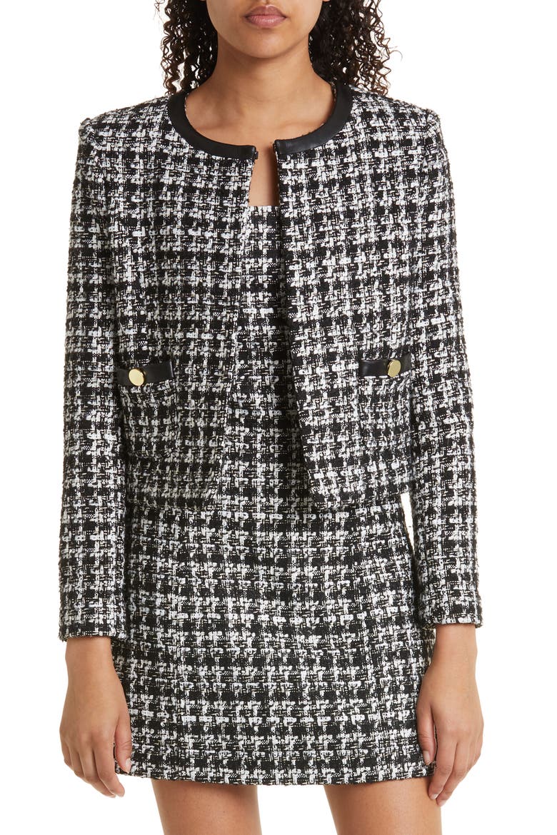 Donita Faux Leather Trim Tweed Jacket, Main, color, BLACK/ OFF WHITE