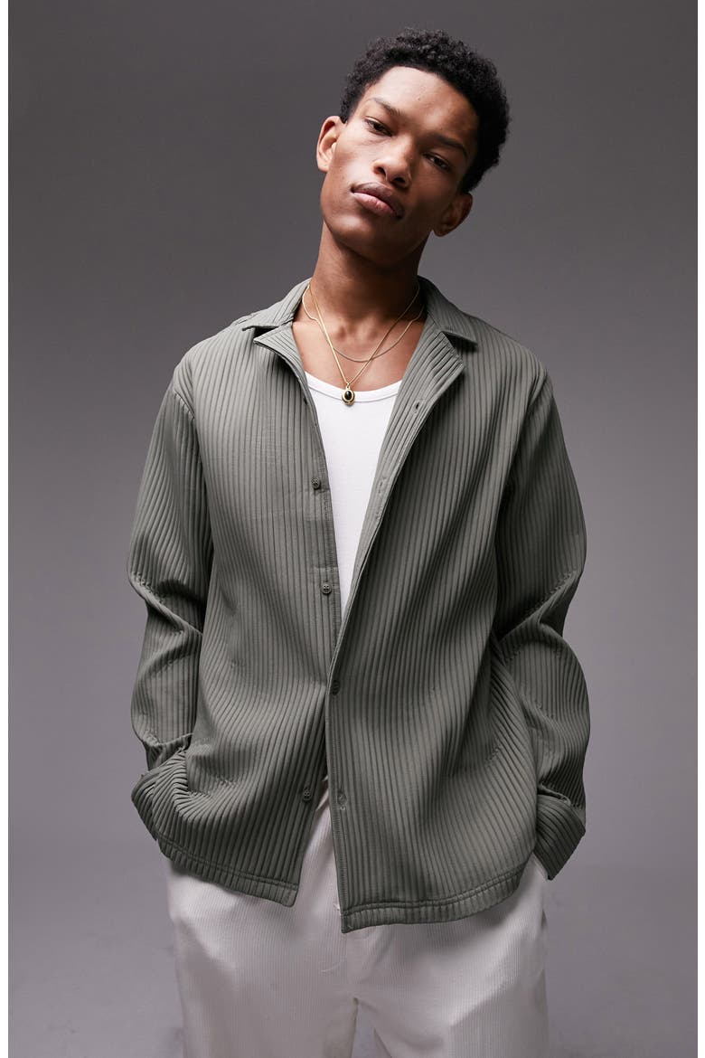 Plissé Button-Up Shirt, Main, color, KHAKI
