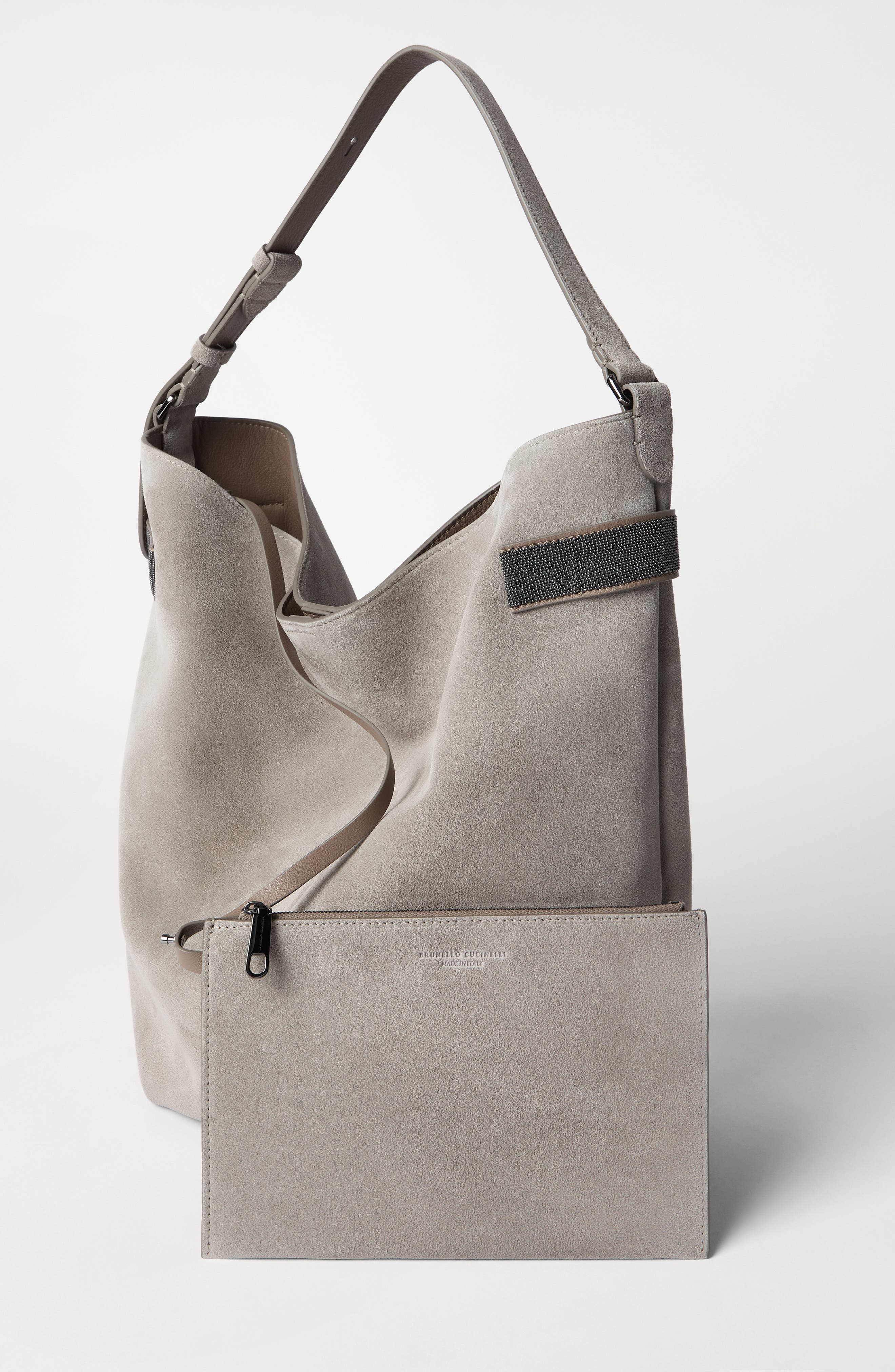 Brunello Cucinelli Suede essence hobo bag, Alternate, color, Light Grey