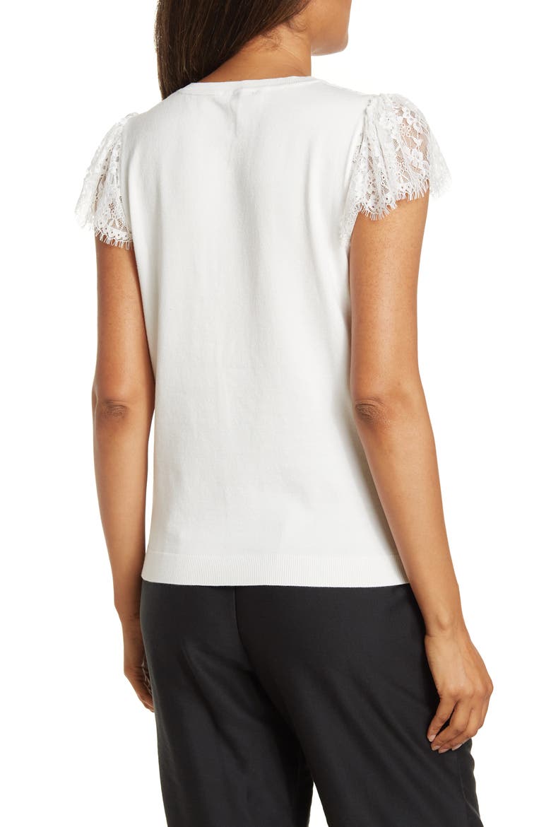 Lace Panel Mixed Media Short Sleeve Sweater, Alternate, color, IVORY