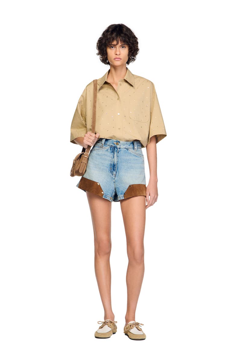 SANDRO Cotton shirt with rhinestones, Alternate, color, Beige