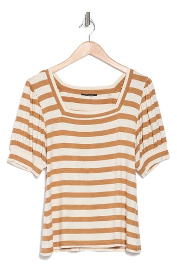 T Tahari Square Neck Banded Top In Ivory/toffee Stripe