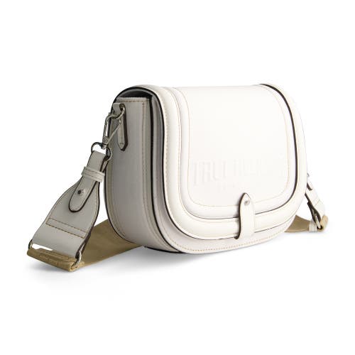True Religion Distressed Logo Denim Saddle Bag In White