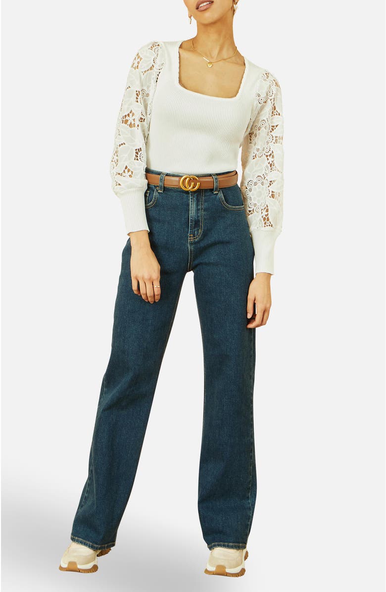 Yumi Ribbed Knitted Lace Sleeve Top, Alternate, color, White