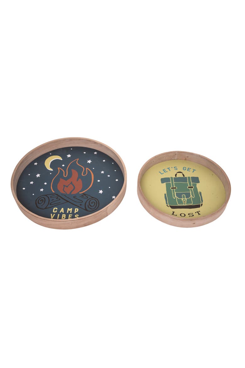 16 Inch Multicolor Spring Camp Vibes Nesting Trays Set of 2 Decorative Wood Trays for Spring Decor, Main, color, Brown