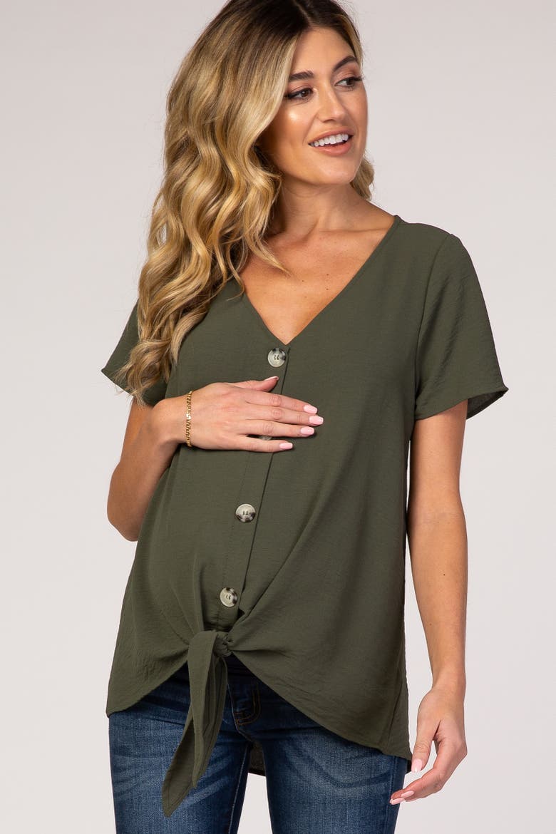 Button Tie Front Top, Main, color, Light Olive