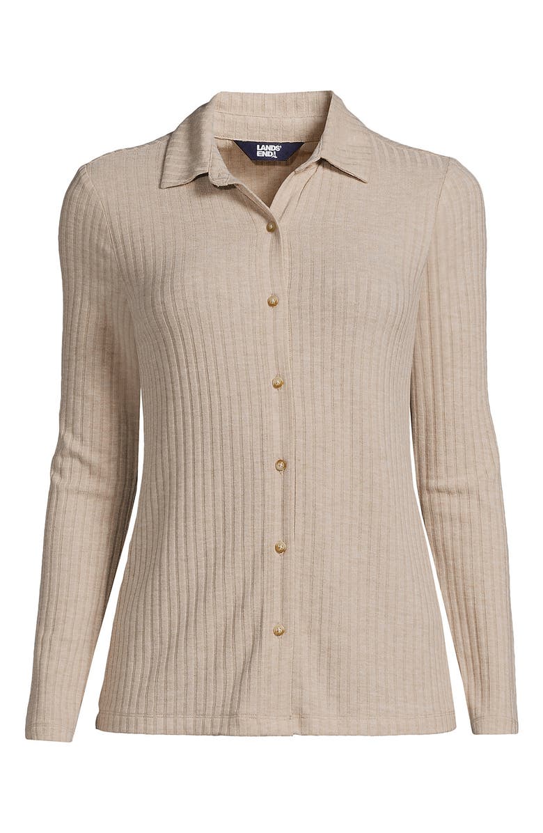 Lands' End Long Sleeve Wide Rib Button Front Polo, Alternate, color, Soft Tan Heather