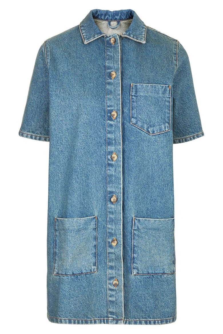 'Angel' Button Front Denim Dress, Alternate, color, MID DENIM