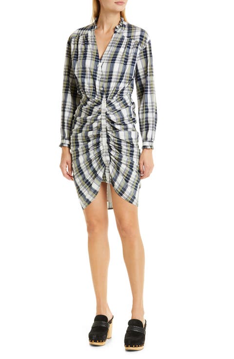 Vilette Plaid Ruched Long Sleeve Cotton Blend Shirtdress