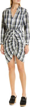 Veronica Beard Vilette Plaid Ruched Long Sleeve Cotton Blend Shirtdress