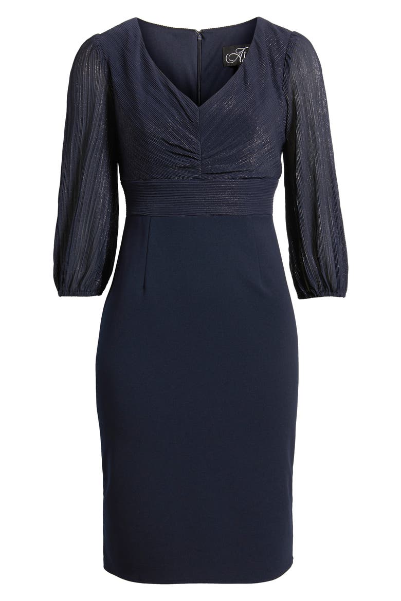 Pleated Metallic Mixed Media Cocktail Sheath Dress, Alternate, color, DARK NAVY