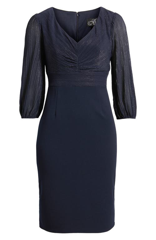 Alex Evenings Pleated Metallic Mixed Media Cocktail Sheath Dress In Blue