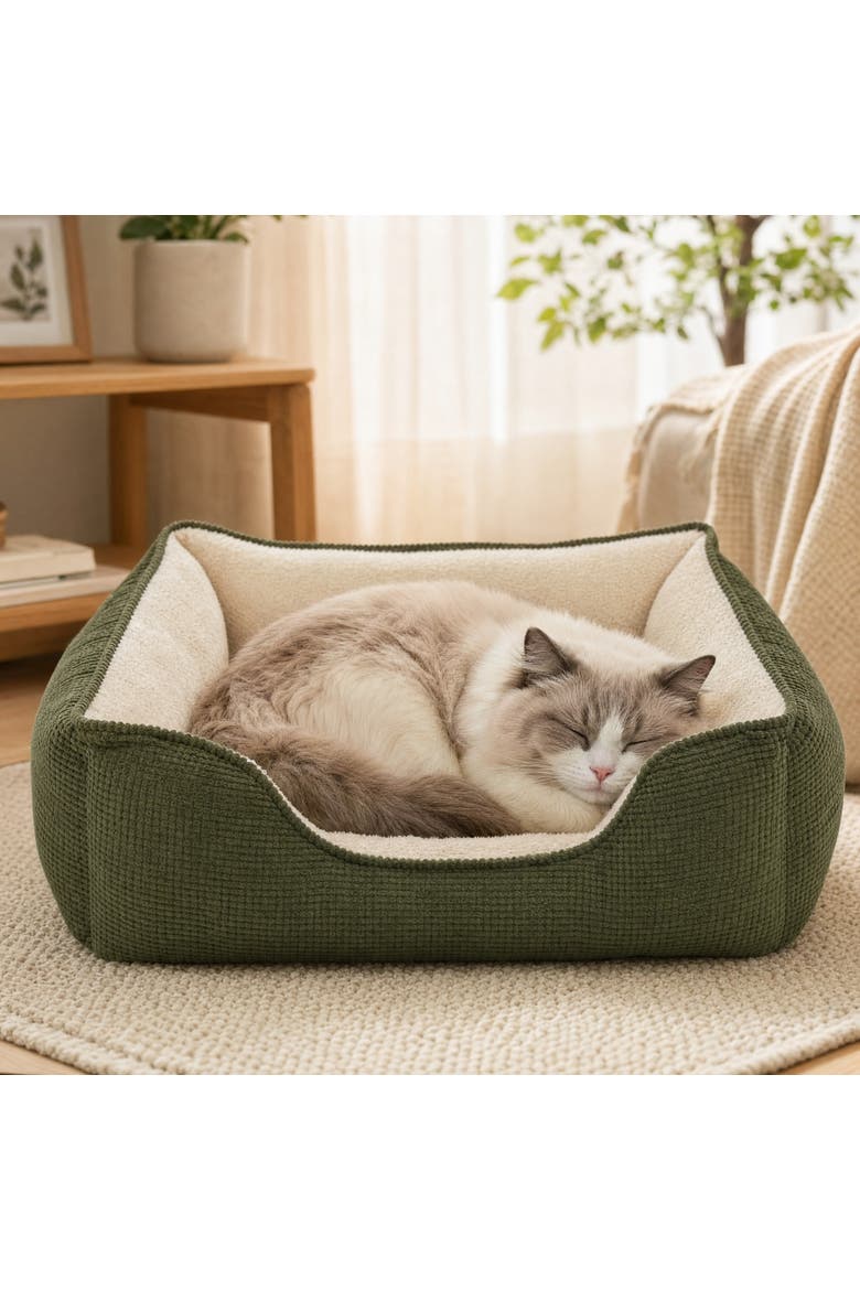 Essential Niblet Velvet Square Cuddler Pet Bed, Alternate, color, Olive Green