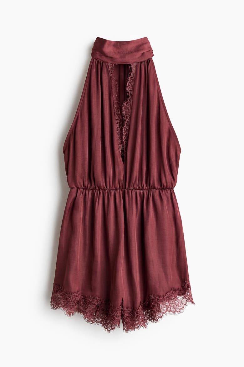 Lace-trimmed Halterneck Romper, Alternate, color, Rust red