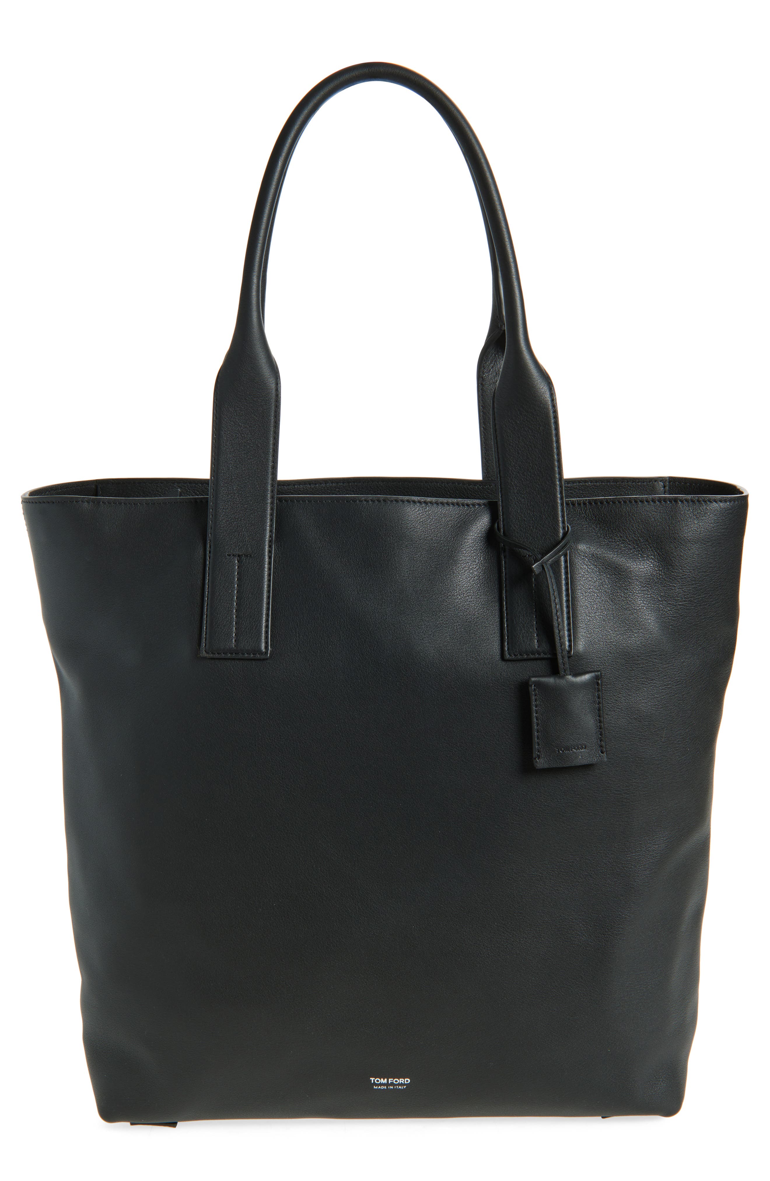 TOM FORD Leather North/South Tote, Main, color, Black