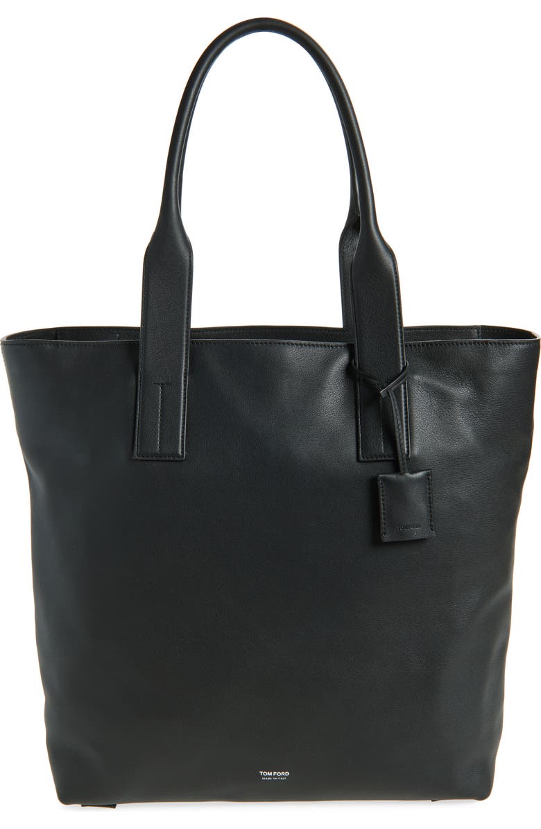 TOM FORD Leather North/South Tote, Main, color, Black