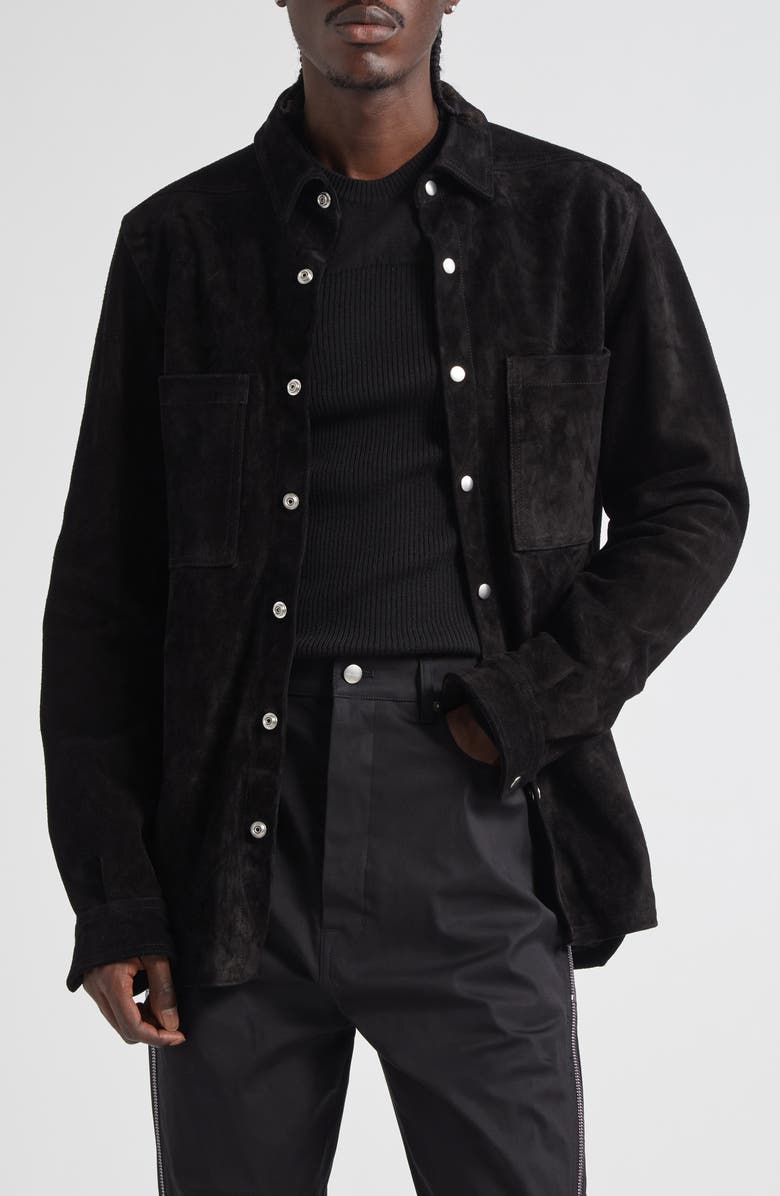 Rick Owens Suede Snap-Up Overshirt, Main, color, Black