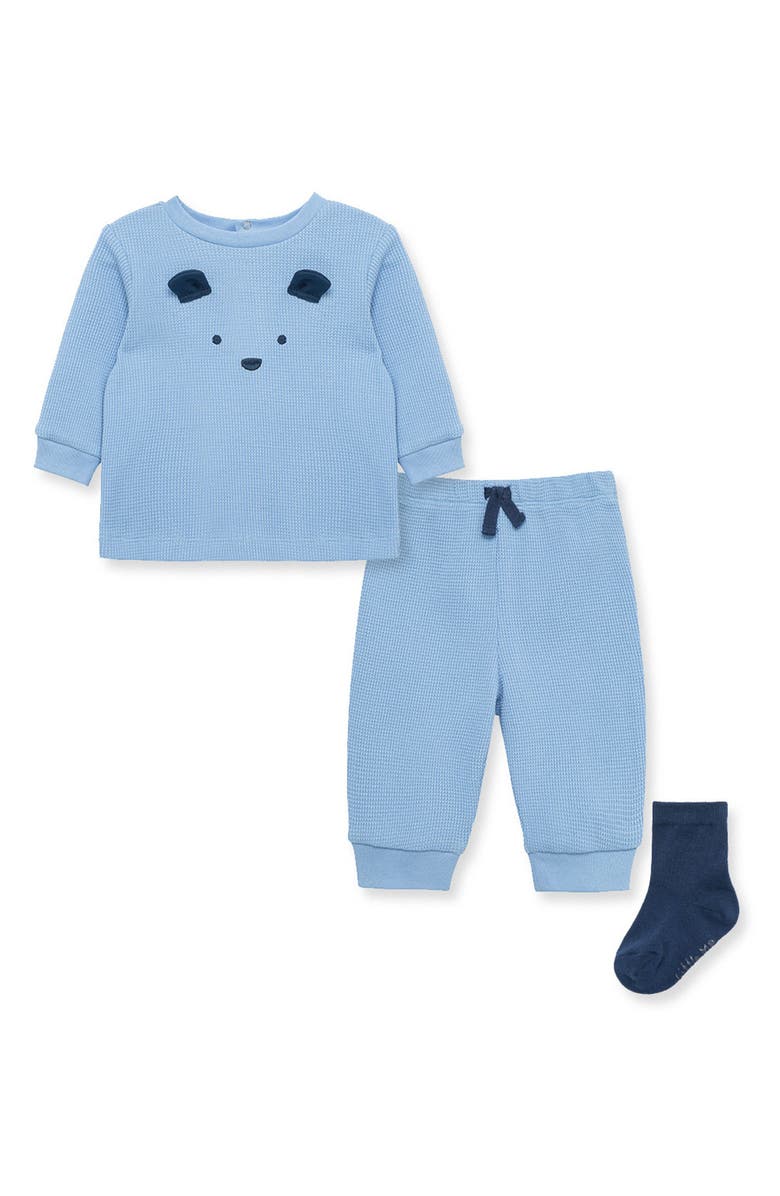 Little Me Blue Bear Jogger & Socks 3-Piece Set, Main, color, 