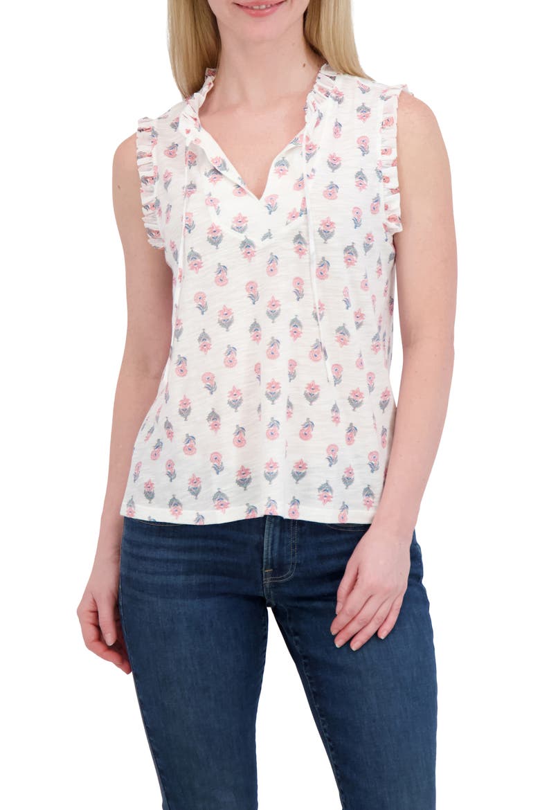 Ruffle Split Neck Cotton Blend Tank, Main, color, WHITE MULTI