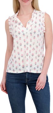 Lucky Brand Ruffle Split Neck Cotton Blend Tank