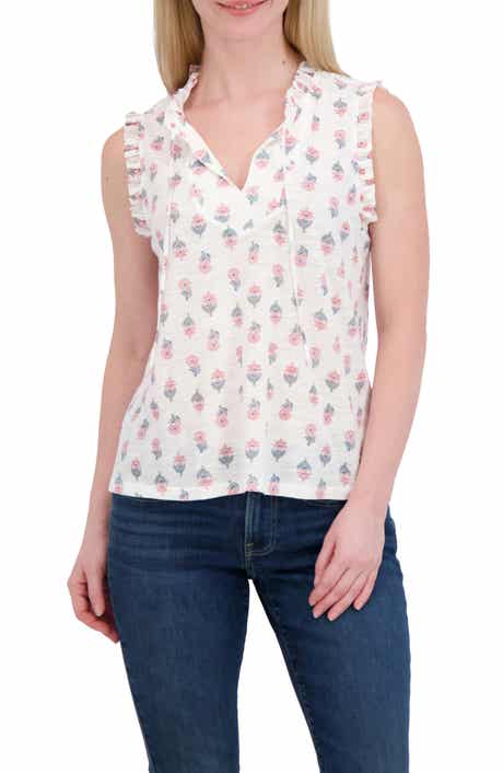 Lucky Brand Ruffle Split Neck Cotton Blend Tank