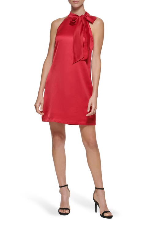 Bow Neck Satin Shift Dress