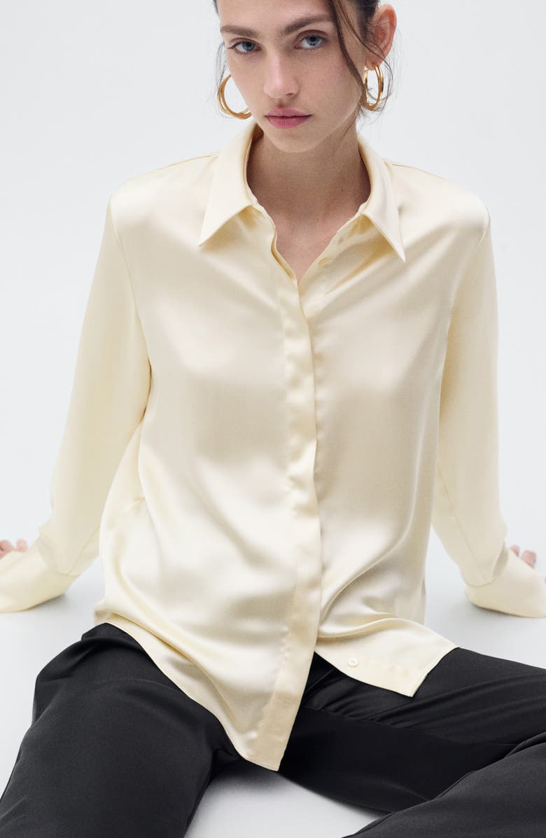 MANGO Regular Fit Satin Shirt, Alternate, color, Ecru