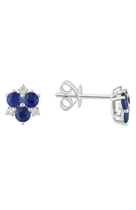 14K White Gold Sapphire & Diamond Cluster Stud Earrings - 0.09ct.