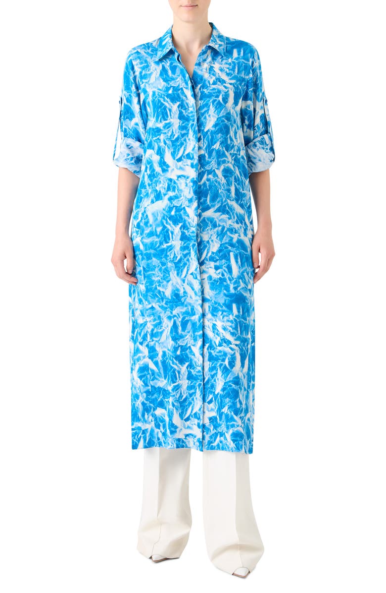 Akris Whitecaps Long Sleeve Midi Silk Shirtdress, Main, color, Twilight/ Ecru