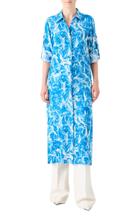 Whitecaps Long Sleeve Midi Silk Shirtdress