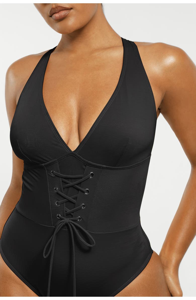 Shapellx Plunge Lace-Up Corset Shaping One Piece Swimsuit, Alternate, color, Matte Black