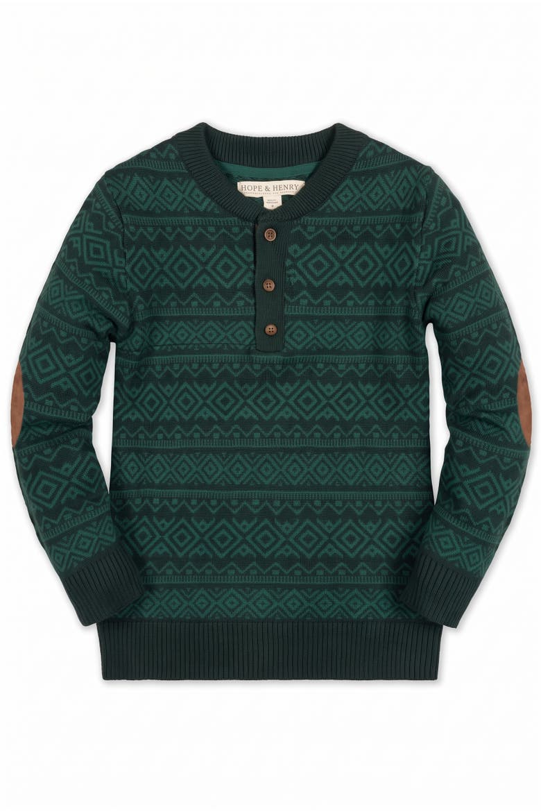 Kids' Organic Cotton Button Placket Elbow Patch Sweater, Main, color, Deep Green Fair Isle