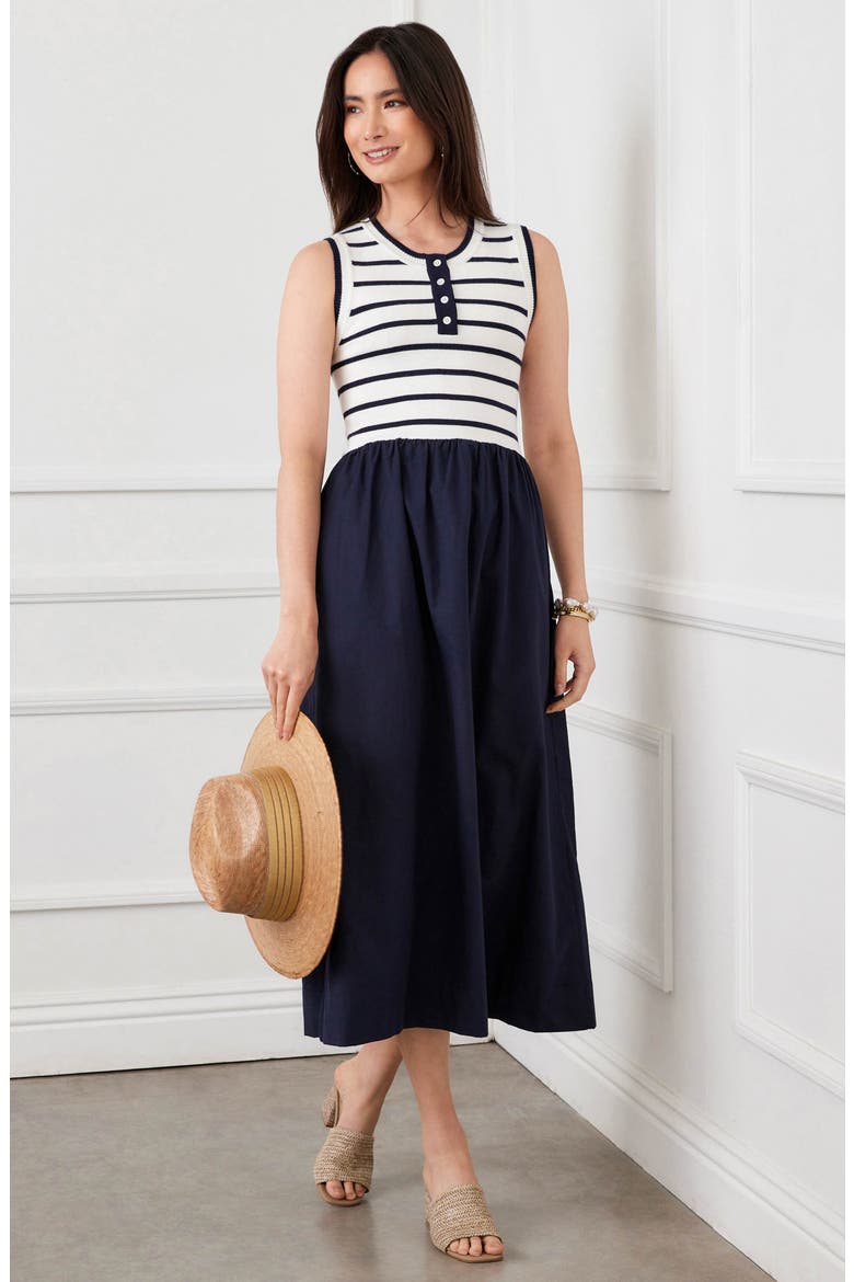 Stripe Mixed Media Midi Dress, Alternate, color, NAVY W/ OFF WHITE