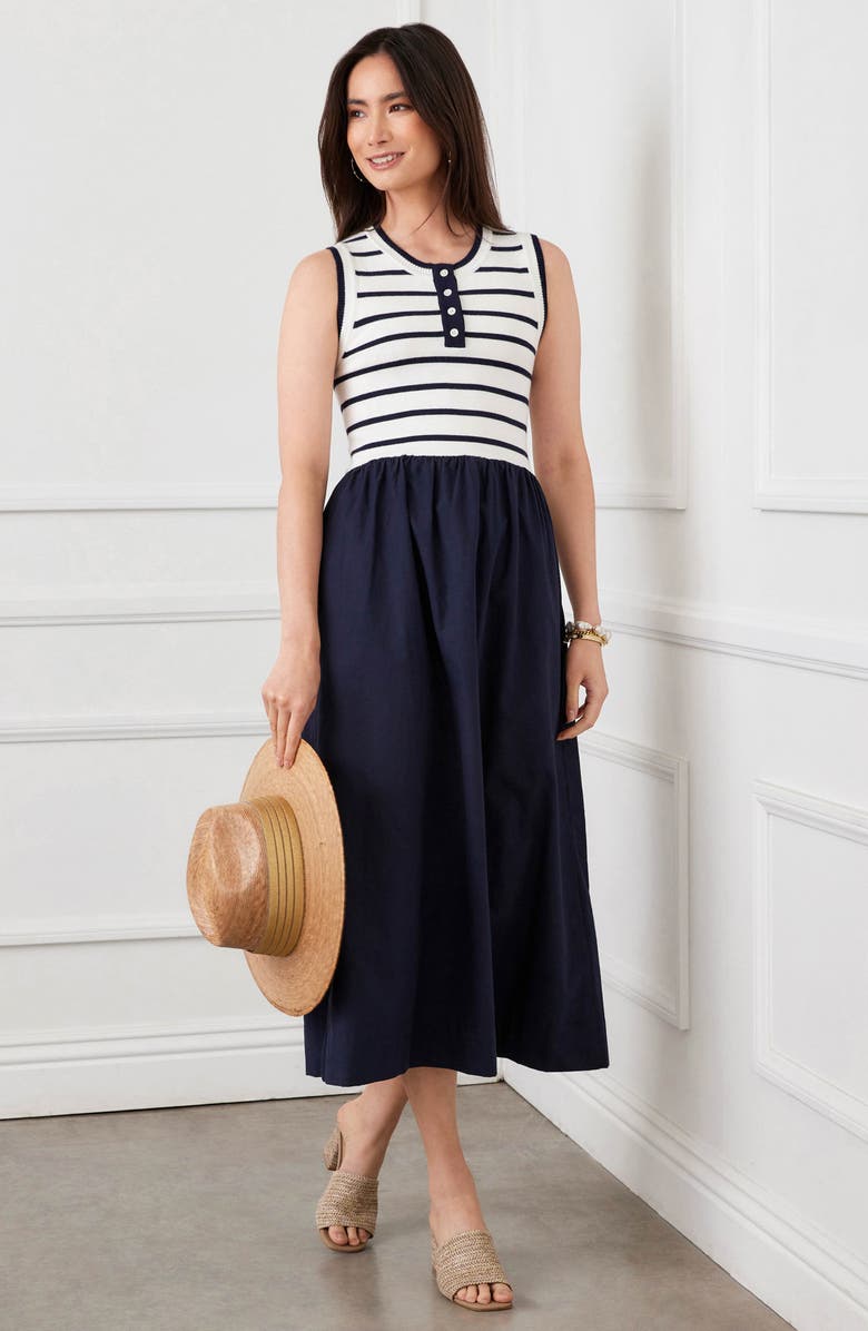 Karen Kane Stripe Mixed Media Midi Dress, Alternate, color, Navy W/ Off White