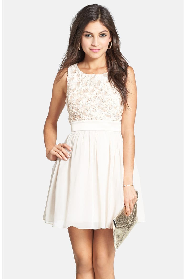Rosette Bodice Skater Dress, Main, color, CHAMPAGNE
