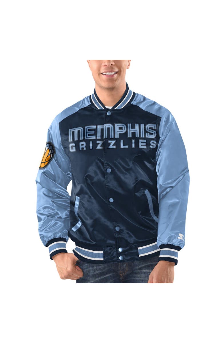 STARTER Men's Starter Navy/Light Blue Memphis Grizzlies Renegade Satin Full-Snap Varsity Jacket, Main, color, Navy