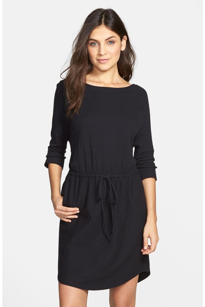 Stripe Three-Quarter Sleeve Drawstring Waist Dress, Alternate, color, BLACK