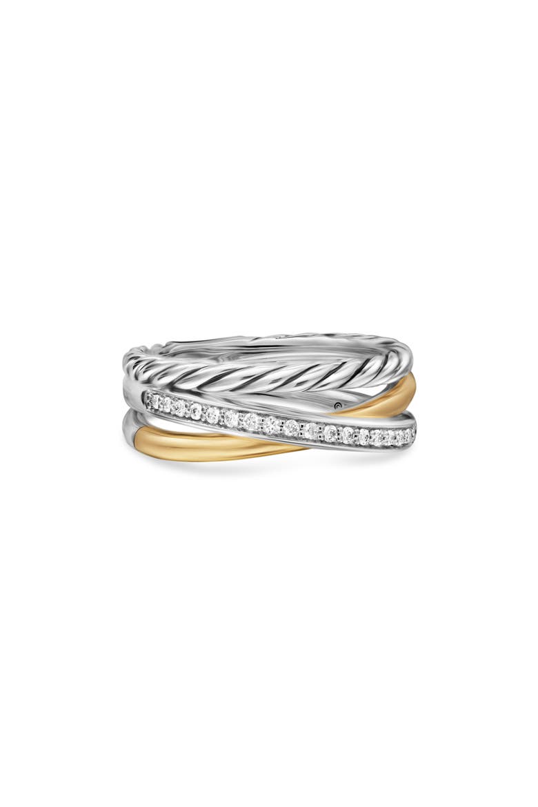 Crossover Three-Row Ring in Sterling Silver with 18K Yellow Gold and Diamonds, 7mm, Alternate, color, STERLING SILVER AND 18K GOLD