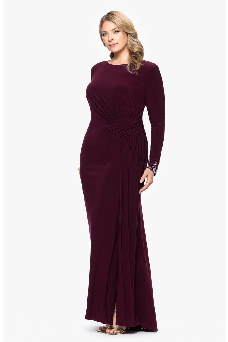 Bead Detail Long Sleeve Knit Gown, Alternate, color, WINE